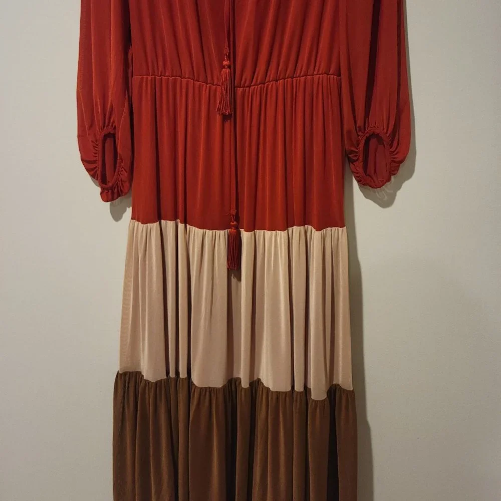 Women's Beige Stretch Color Block Balloon Sleeve Maxi Wear To Work Dress - Picture 3 of 3